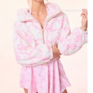 LoveShackFancy Darcelle Bow Print Teddy Bomber Pastry Pink XXS - NWT
